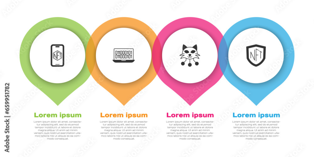 Wall mural set mobile with art store app, binary code, nft digital crypto and shield. business infographic temp