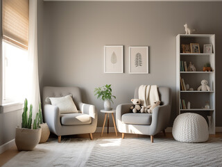 Tranquil gray nursery room with tasteful furniture. AI Generation.