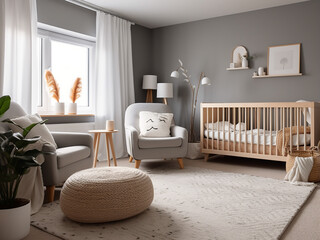 Inviting gray nursery room furnished for comfort. AI Generation.