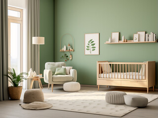 Vibrant green nursery room showcasing beautiful interior design. AI Generation.