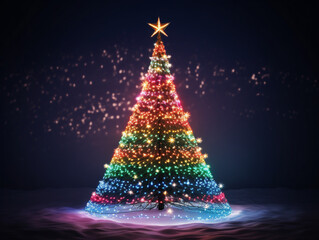 A vibrant Christmas tree with colorful lights surrounded by festive decorations in a vintage style.
