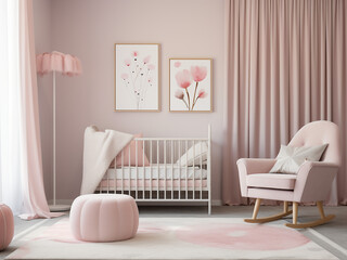Admire the beauty of a pink nursery room and its cozy interior. AI Generation.