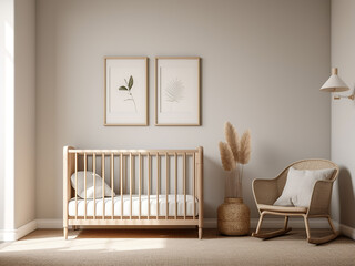Chic furniture in a minimalist nursery room. AI Generation.