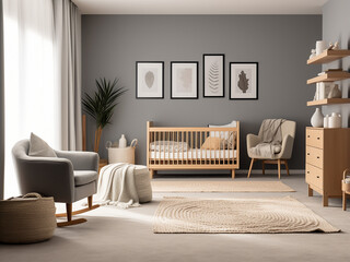 Minimalist interior in a modern nursery room with elegant furniture. AI Generation.