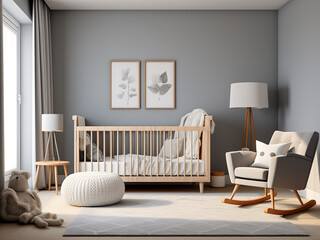 Sleek interior design in a modern nursery room with stylish furniture. AI Generation.