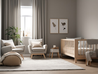 A chic modern nursery room with trendy furniture. AI Generation.