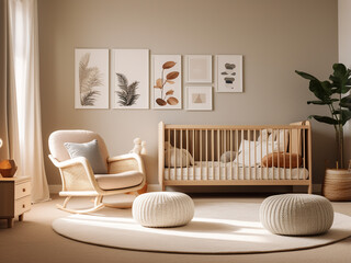 Minimalist charm in a modern nursery room with sleek furniture. AI Generation.