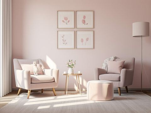 The cozy charm of a pink nursery room with elegant interior design. AI Generation.