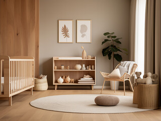 Charming wood nursery room with room design. AI Generation.