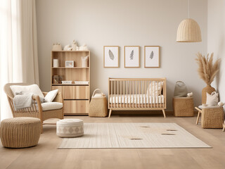 Wood nursery room featuring stylish furniture. AI Generation.