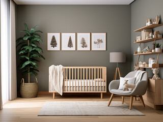 Wood nursery room adorned with elegant furniture. AI Generation.
