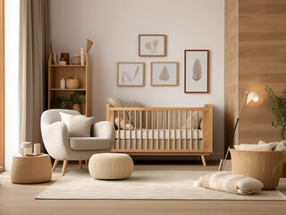 Wood nursery room designed for comfort. AI Generation.