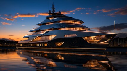 Luxury yacht moored in a picturesque bay in the evening light. A modern megayacht with a beautifully illuminated hull in the rays of the setting sun. Luxury tourism and romantic sea cruises concept. - obrazy, fototapety, plakaty