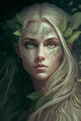 ethereal goddess beautiful detailed face sad green eyes blonde hair leaves in hair 