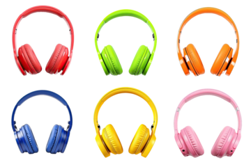 Set of colors headphones isolated on transparent background cutout. Generative AI.