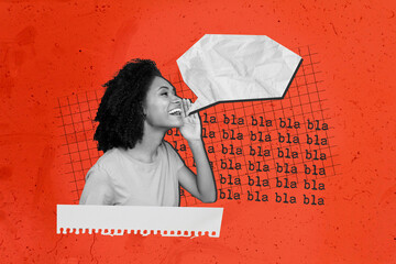 Collage retro sketch image of funky excited lady telling gossips empty space isolated orange color background