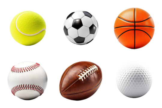 Set of sports balls isolated on transparent background cutout. Generative AI.