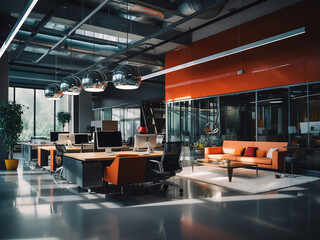 Fototapeta na wymiar A tech-savvy office featuring stylish furniture. AI Generation.