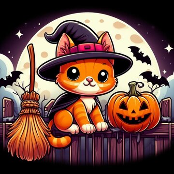 Cute cat in witch hat on the moon. Vector illustration.