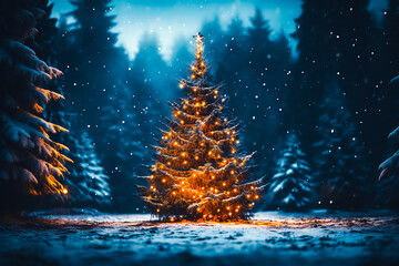 Decorated Christmas evergreen tree on a dark blue background of a snowy forest. Night theme, copy space - obrazy, fototapety, plakaty