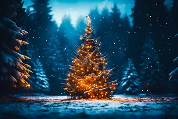 Fotobehang Decorated Christmas evergreen tree on a dark blue background of a snowy forest. Night theme, copy space © Olga
