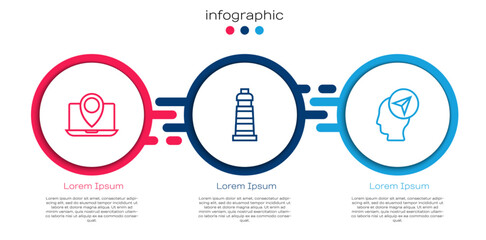 Set line Laptop with location marker, Lighthouse and Location person. Business infographic template. Vector