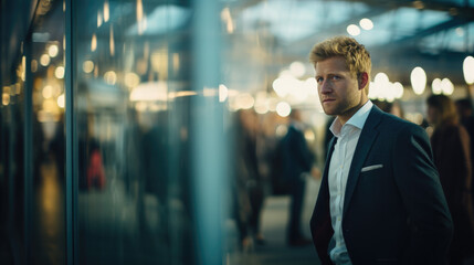 professional businessman standing in front of a reflective glass wall, determination and motivation banner 