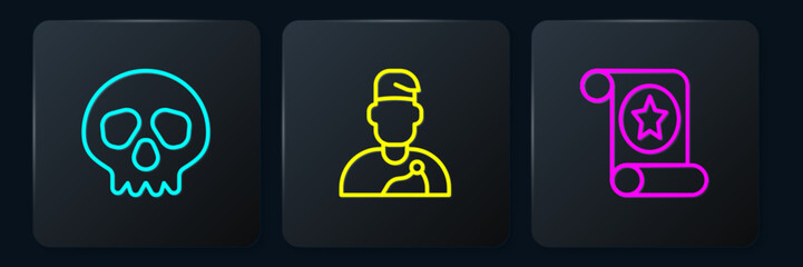 Set line Skull, Magic scroll and Wizard warlock. Black square button. Vector