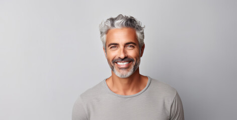 Beautiful caucasian man with smooth healthy face skin. Gorgeous aging mature man with gray hair and happy smiling. Beauty and cosmetics skincare advertising concept. - obrazy, fototapety, plakaty