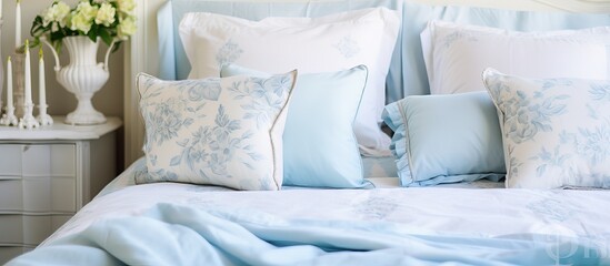 Classic style bedding with light blue pillows in various patterns