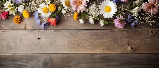 A delicate spread of wildflowers graces a rustic wooden table in this flat lay. Rich textures of wood and gentle blooms create a charming backdrop with generous empty space for your personalized touch - obrazy, fototapety, plakaty