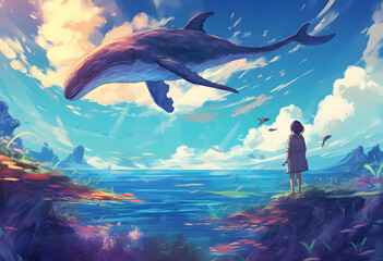 Fantasy anime landscape with a girl and a flying whale