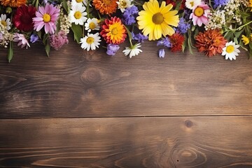 A delicate spread of wildflowers graces a rustic wooden table in this flat lay. Rich textures of wood and gentle blooms create a charming backdrop with generous empty space for your personalized touch