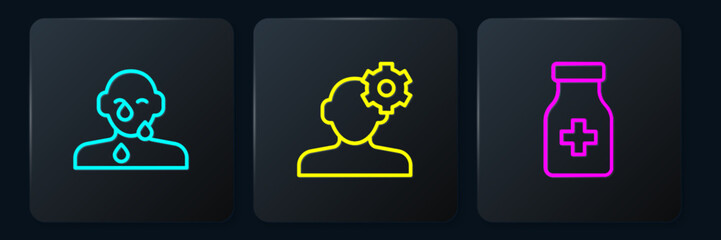 Set line Tear cry eye, Sedative pills and Solution problem in psychology. Black square button. Vector