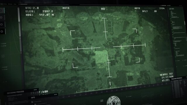 Modern surveillance technology displaying the ongoing warfare battle in building. Modern surveillance system following the troops on warfare mission. Modern surveillance tech showing military warfare.