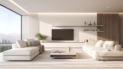 White sofa and tv unit in spacious room. Luxury home interior design