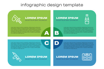 Set line Submachine gun, Bloody knife, Retro audio cassette tape and Beer bottle. Business infographic template. Vector