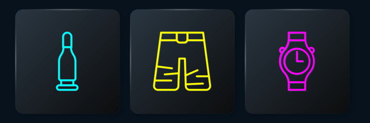 Set line Bullet, Wrist watch and Wide pants. Black square button. Vector