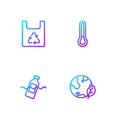 Set line Earth globe and leaf, The problem of pollution, Shopping bag with recycle and Thermometer. Gradient color icons. Vector