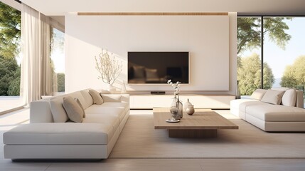 Fototapeta premium White sofa and tv unit in spacious room. Luxury home interior design