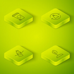 Set Isometric line Garbage bag with recycle, The problem of pollution, Sprout and Recycle bin icon. Vector