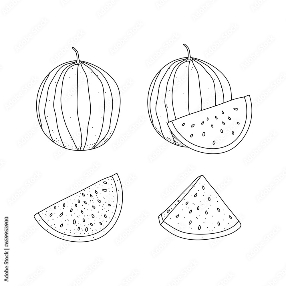 Sticker Watermelon fruit in doodle hand drawn style. Set of vector illustrations isolated on white background.