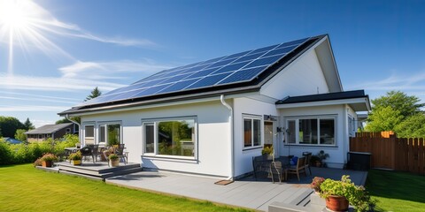 AI Generated. AI Generative. Alternative power electricity rooftop house solar panel. Modern architecture building. Graphic Art