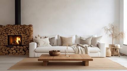 White sofa with blanket and wooden coffee table against fireplace with firewood stack. Minimalist scandinavian home