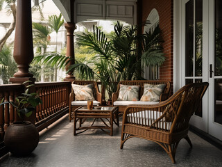 Classic veranda offering room for relaxation. AI Generation. - obrazy, fototapety, plakaty