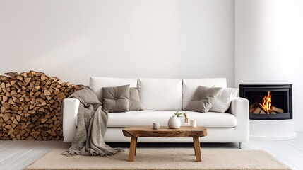 White sofa with blanket and wooden coffee table against fireplace with firewood stack. Minimalist scandinavian home