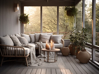 Grey veranda featuring modern room design. AI Generation.