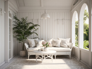 A sunlit white veranda adorned with stylish furniture. AI Generation.