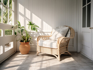 An inviting white veranda with comfortable furniture. AI Generation.
