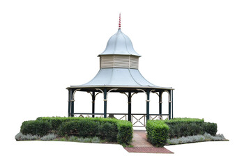 Cutout of an isolated wooden gazebo in a public park with the transparent png